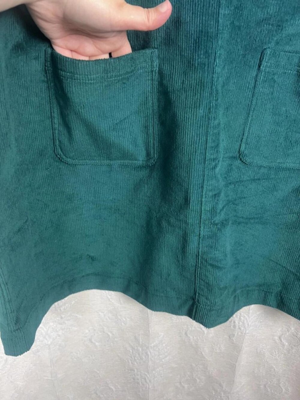 NEW Joanie Daphne Corduroy Patch Pocket Pinafore Green shift dress cotton blend - Picture 4 of 9